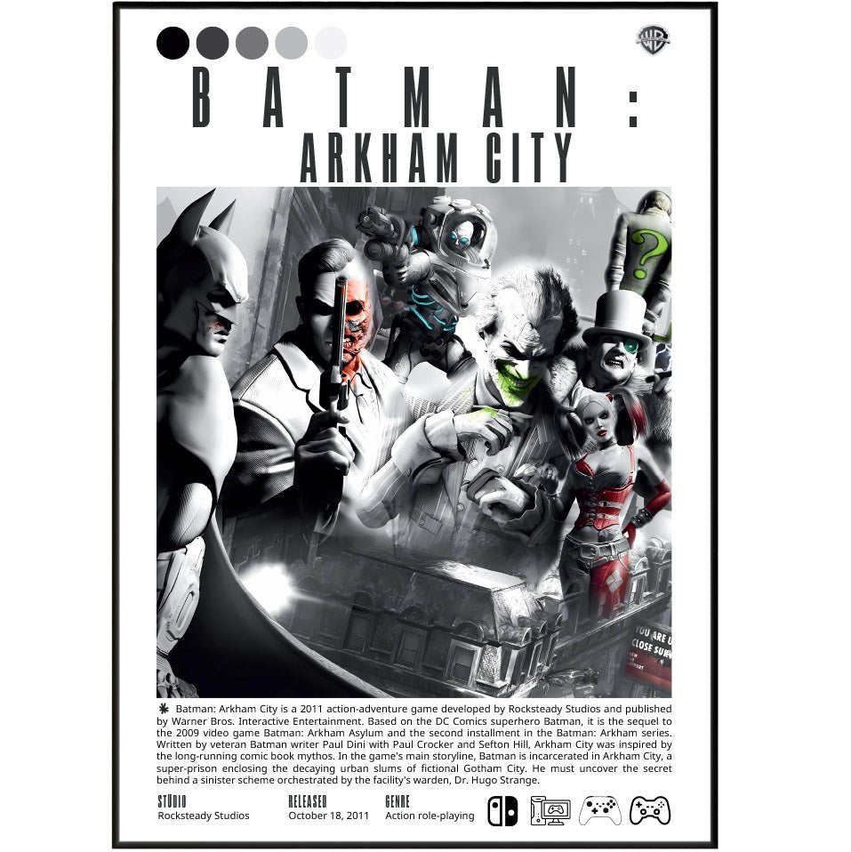 Batman Arkham City 2011 game poster — Rocksteady Batman Joker open world wall art print UK
 - 98types