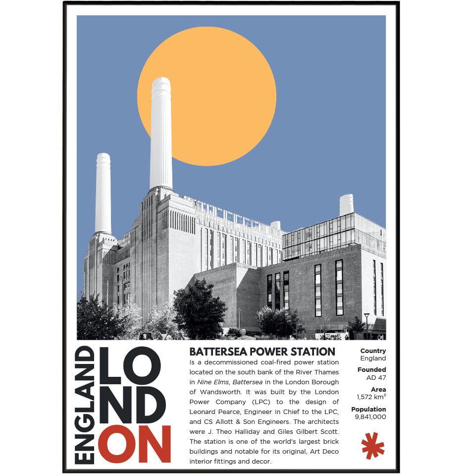 Battersea Power Station illustration poster — Art Deco chimneys Thames London wall art print UK

