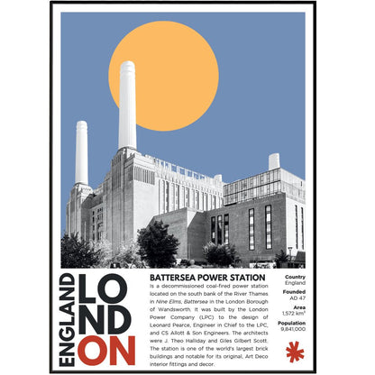 Battersea Power Station illustration poster — Art Deco chimneys Thames London wall art print UK

