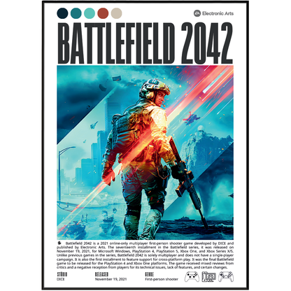 Battlefield 2042 2021 FPS poster — EA DICE Specialists near-future multiplayer wall art print UK