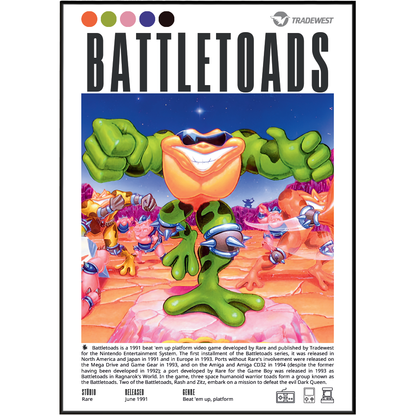 Front cover of the Battletoads board game by Rare, published by TradeWest. The cover features a colorful retro illustration of green toads on a pink and blue space-themed battlefield, with the title 'BATTLETOADS' in large black letters at the top and product details at the bottom.