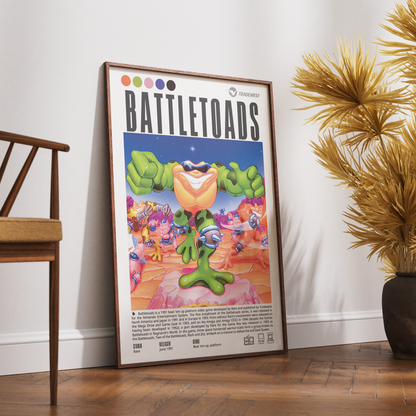 A framed Battletoads poster leaning against a white wall on a wooden floor, with a wooden chair on the left and a potted palm on the right.