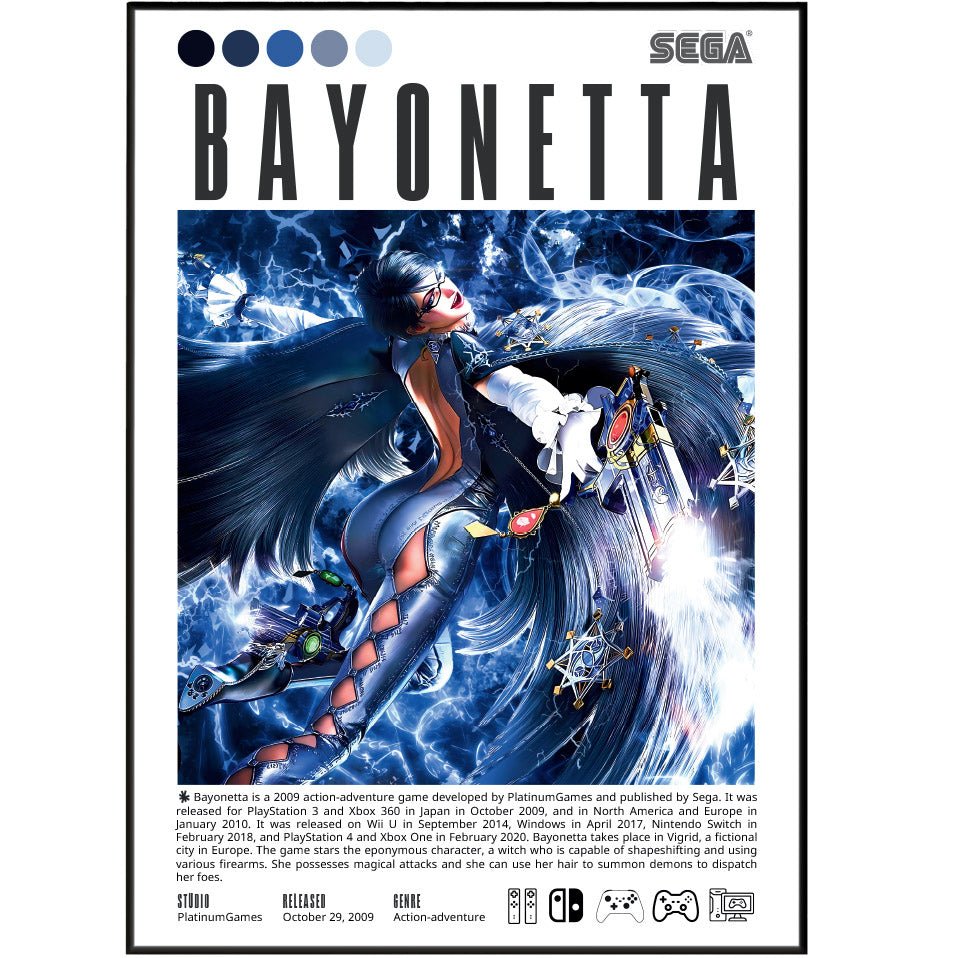 Bayonetta 2009 game poster — PlatinumGames Hideki Kamiya witch action wall art print UK - 98types