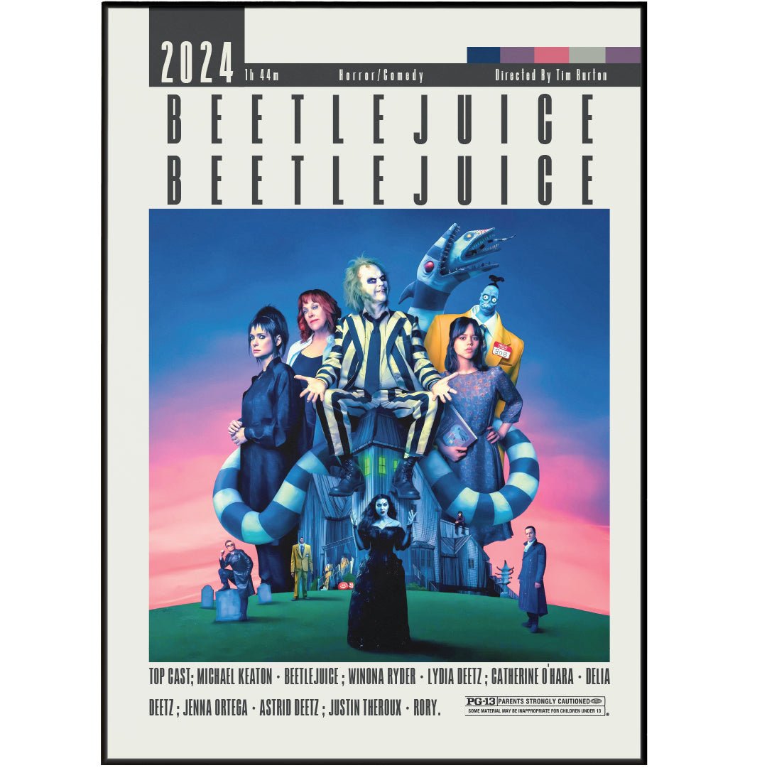 Beetlejuice Beetlejuice 2024 horror comedy film poster — Tim Burton Michael Keaton Jenna Ortega wall art print UK
