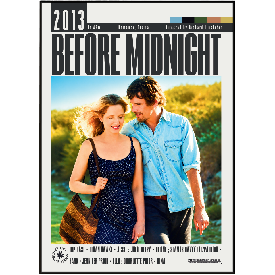 The movie poster for 'Before Midnight' (2013) featuring a black border and the title in bold black text at the top. The central image shows a smiling couple outdoors in a sunny, grassy landscape, with a woman carrying a brown woven shoulder bag.