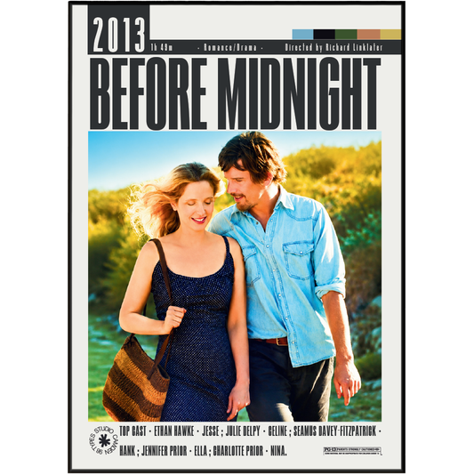 The movie poster for 'Before Midnight' (2013) featuring a black border and the title in bold black text at the top. The central image shows a smiling couple outdoors in a sunny, grassy landscape, with a woman carrying a brown woven shoulder bag.