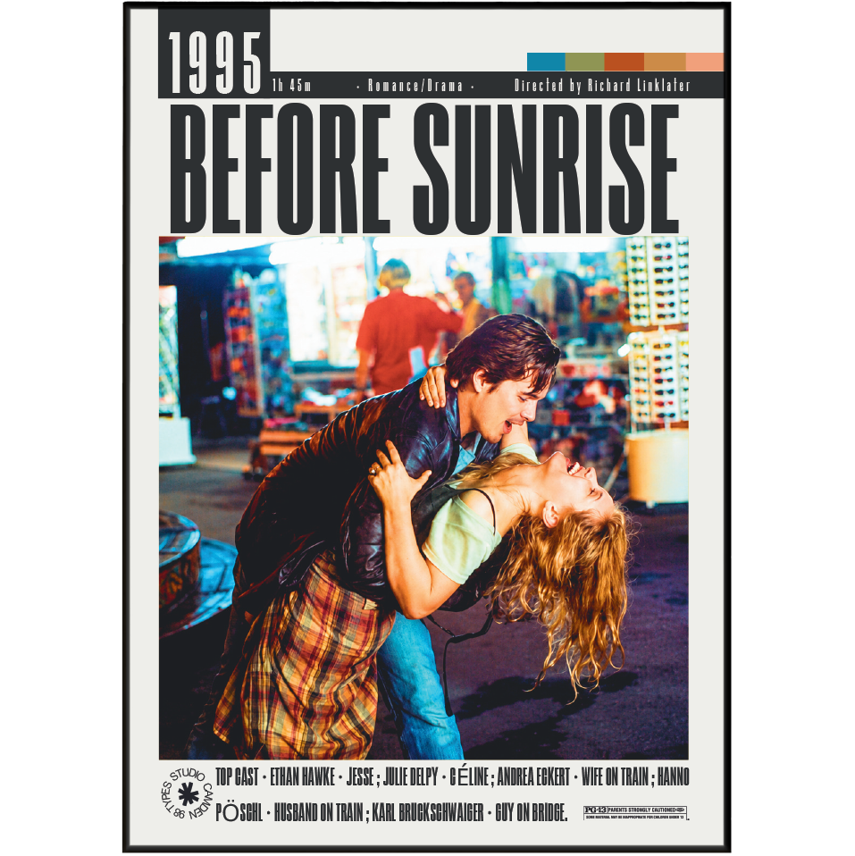 The movie poster for 'Before Sunrise' (1995) directed by Richard Linklater, featuring a black and white title at the top and a central photograph of the couple embracing on a street. The bottom features cast and production credits.