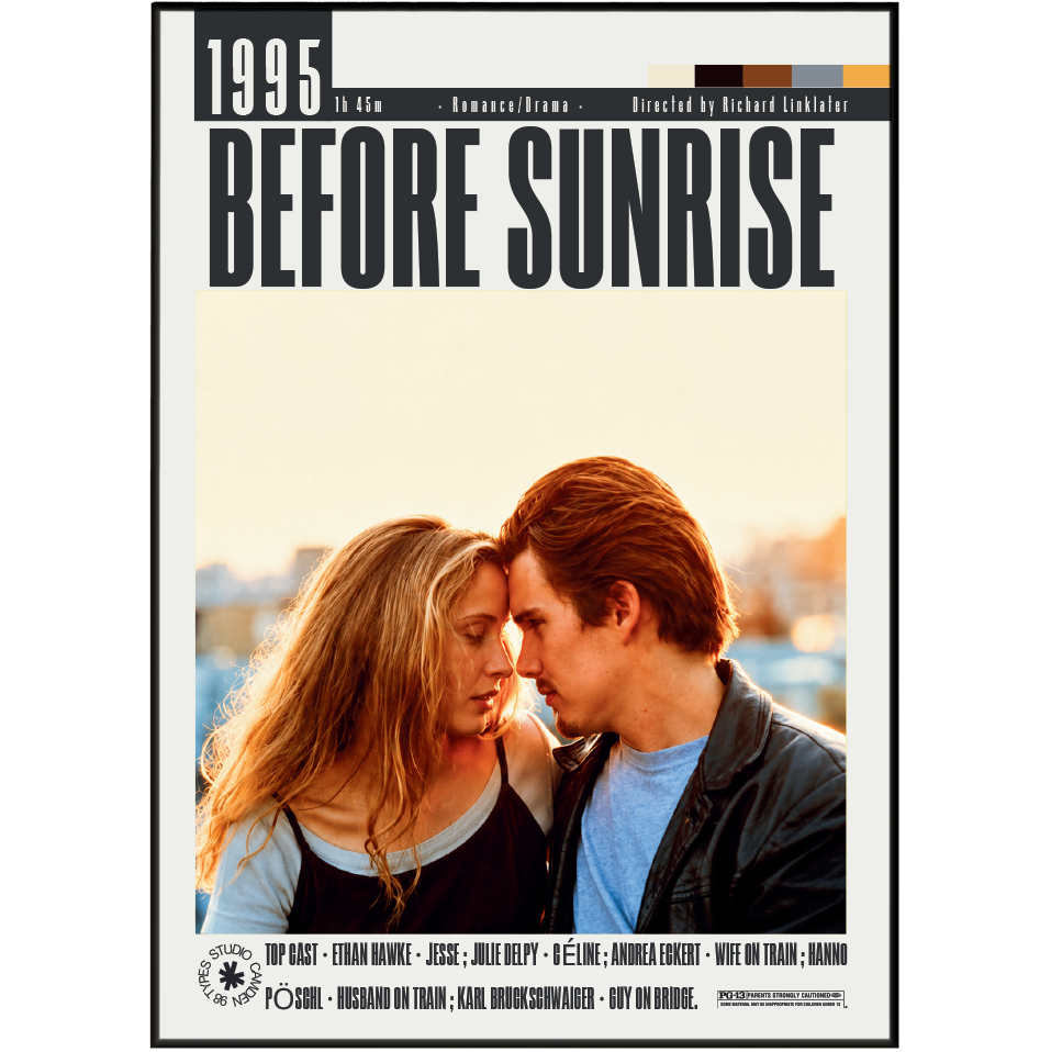 A movie poster for the 1995 film 'Before Sunrise' featuring a close-up photo of a man and woman facing each other, with large black title text at the top and film details along the top and bottom borders.