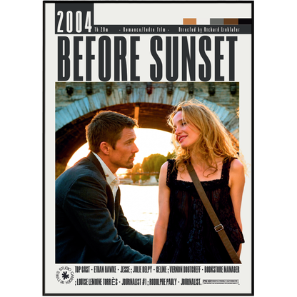 Book cover for the 2004 film 'Before Sunset' directed by Richard Linklater, featuring a photo of the main characters by a river and stone bridge, with cast names and publisher logos at the bottom.