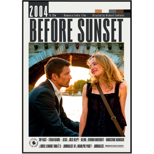Book cover for the 2004 film 'Before Sunset' directed by Richard Linklater, featuring a photo of the main characters by a river and stone bridge, with cast names and publisher logos at the bottom.