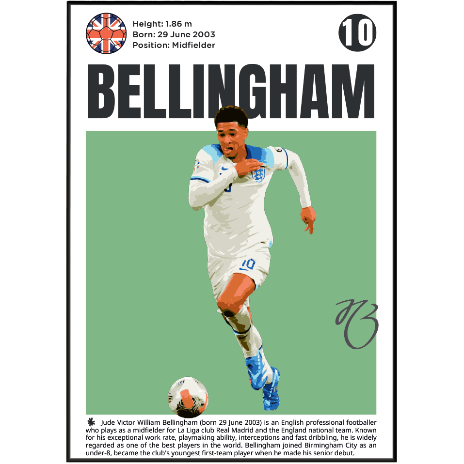 A vertically oriented poster or print featuring footballer Jude Bellingham. The design has a black border, a green background behind the player photo, and black text reading 'BELLINGHAM' with biographical details at the top and bottom.