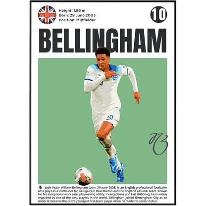 A vertically oriented poster or print featuring footballer Jude Bellingham. The design has a black border, a green background behind the player photo, and black text reading 'BELLINGHAM' with biographical details at the top and bottom.