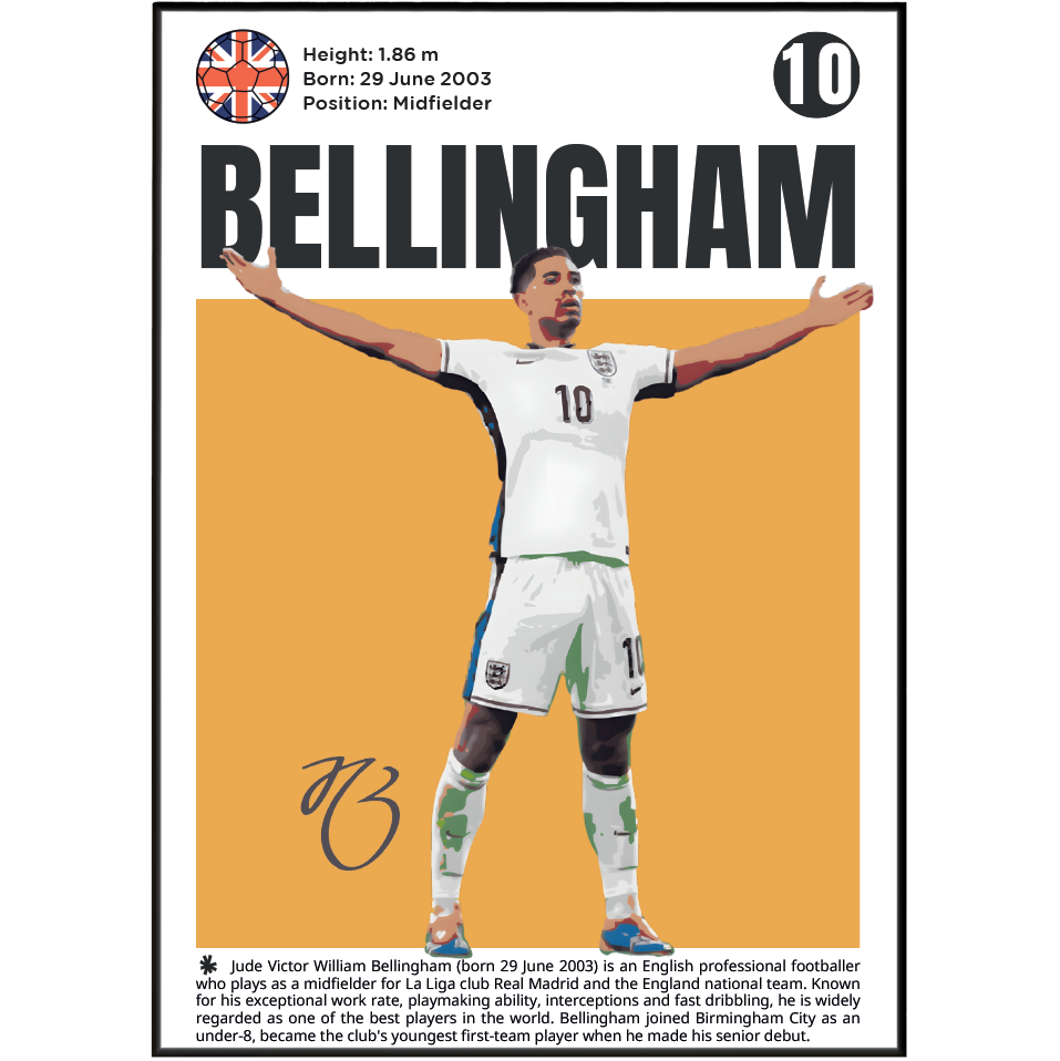 A vertically oriented printed poster or card featuring a portrait of footballer Jude Bellingham in a white England jersey with arms outstretched, set against a mustard-yellow field. The top has his name in large black letters, a Union Jack flag, height and birth details, and a number 10.