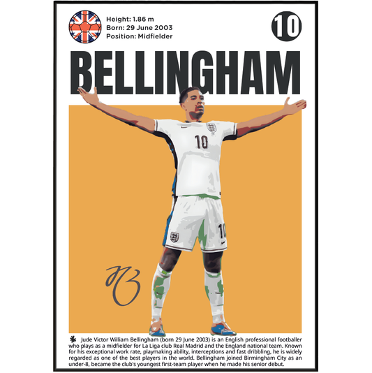 A vertically oriented printed poster or card featuring a portrait of footballer Jude Bellingham in a white England jersey with arms outstretched, set against a mustard-yellow field. The top has his name in large black letters, a Union Jack flag, height and birth details, and a number 10.