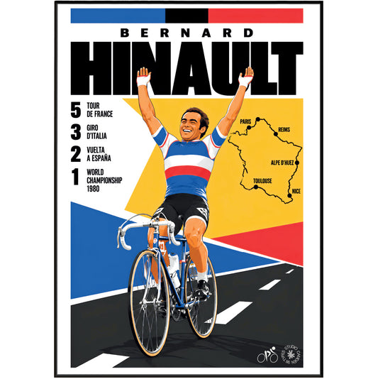 Bernard Hinault poster, French cycling wall art print in a pain cave - 98types