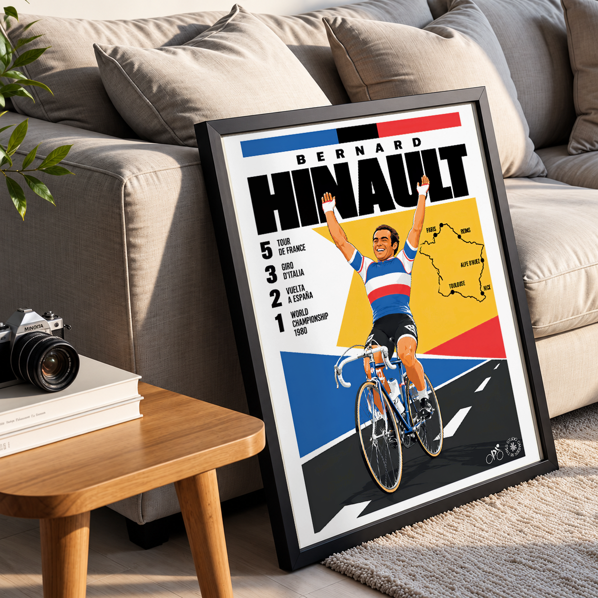 Bernard Hinault poster, French cycling wall art print in a pain cave - 98types