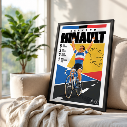 Bernard Hinault poster, French cycling wall art print in a pain cave - 98types