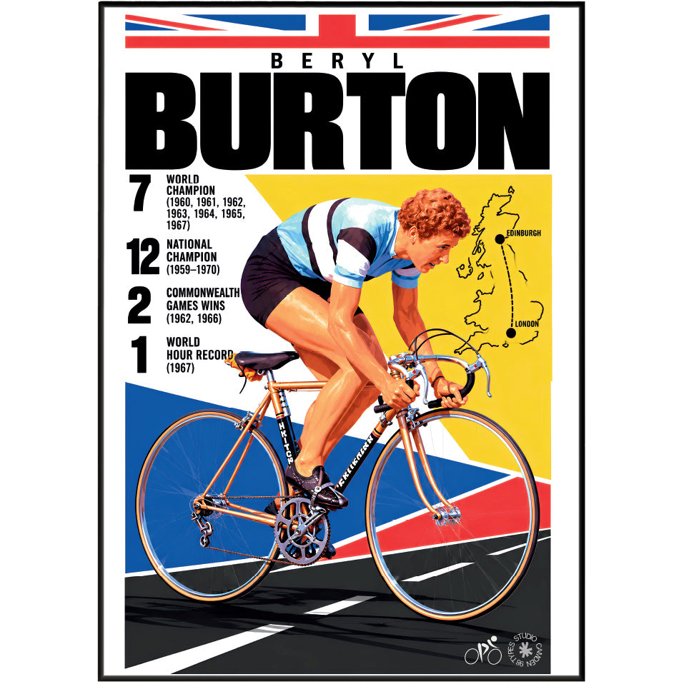 Beryl Burton poster, British cycling wall art print in a pain cave - 98types