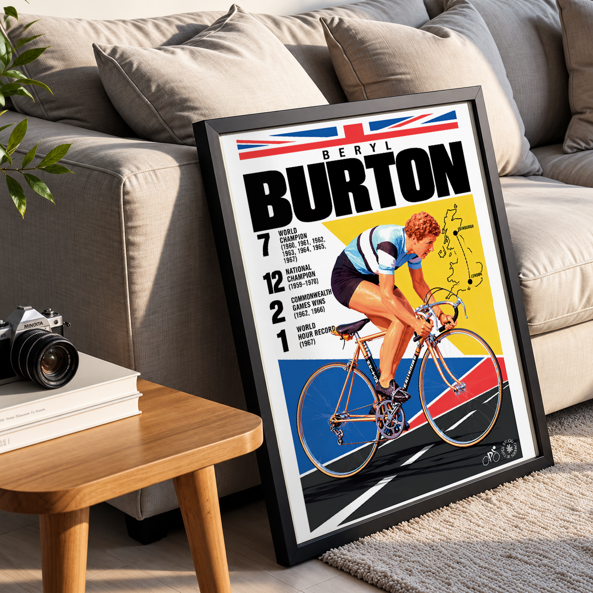 Beryl Burton poster, British cycling wall art print in a pain cave - 98types