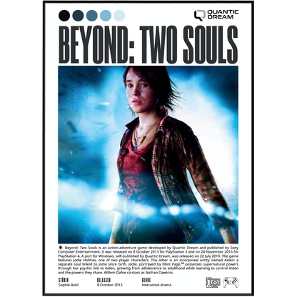 A product poster for the board game 'Beyond: Two Souls' by Quantic Dream, featuring a stylized portrait of the character Ada in a blue-lit scene with the game title in large text at the top.