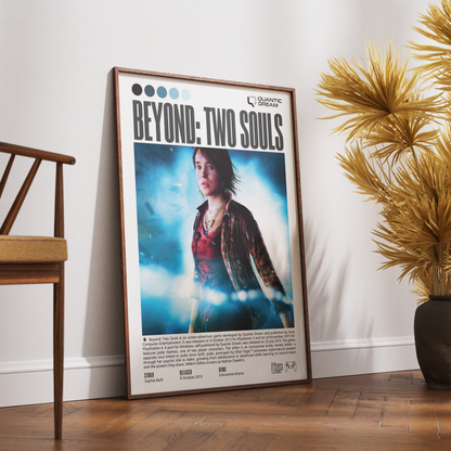 A framed 'Beyond: Two Souls' movie poster leaning against a white wall on a wooden floor, with a wooden chair on the left and a potted palm on the right.