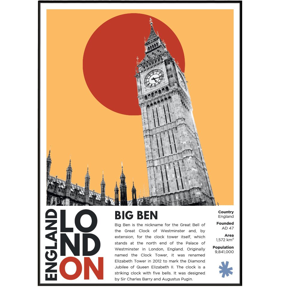 Big Ben illustration poster — Elizabeth Tower Westminster Palace clock London landmark wall art print UK
