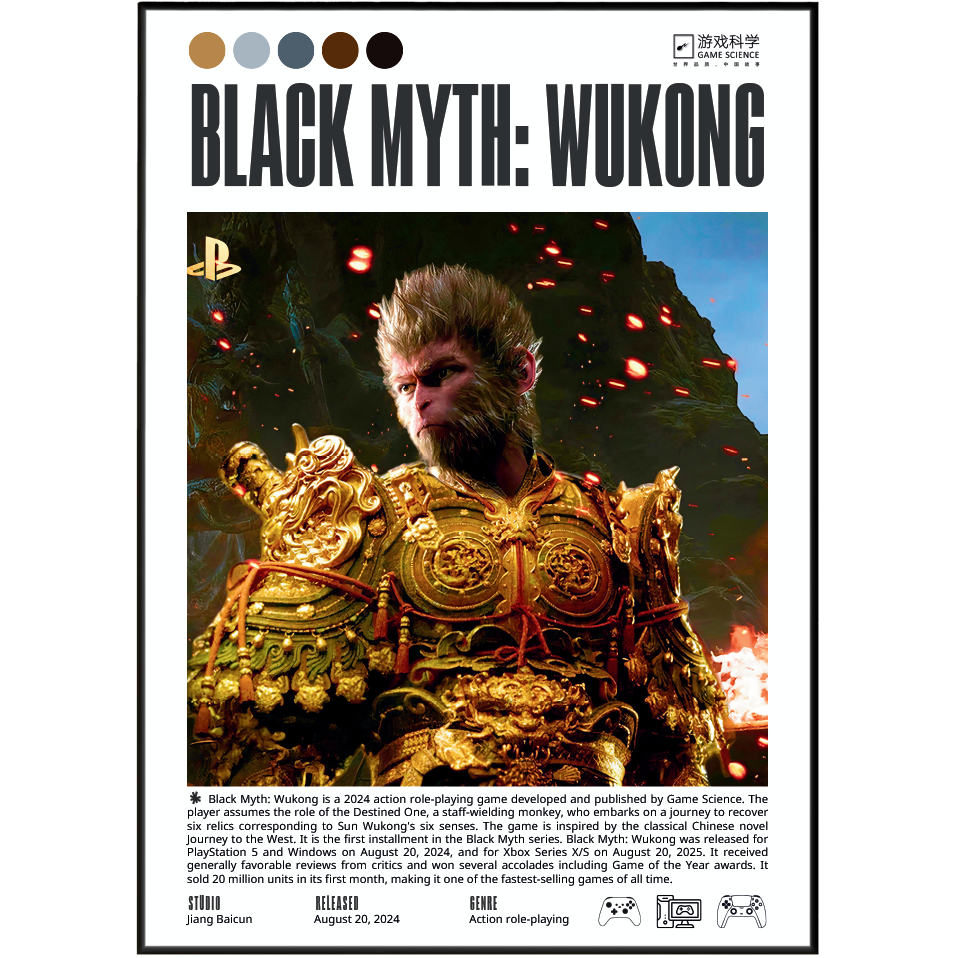 A book or magazine cover/poster-style product featuring the title 'BLACK MYTH: WUKONG' in large black text, a central fantasy illustration of a monkey in ornate gold armor against a dark rocky background, and publisher/brand text including PlayStation and Game Science. The design is mostly black with a large multicolored central artwork panel.