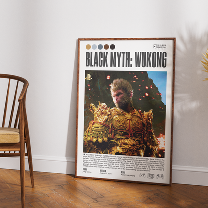 A framed poster titled 'BLACK MYTH: WUKONG' leaning against a white wall on a wood floor, with part of a wooden chair visible on the left. The poster features a fantasy character in ornate gold armor and includes PlayStation branding.