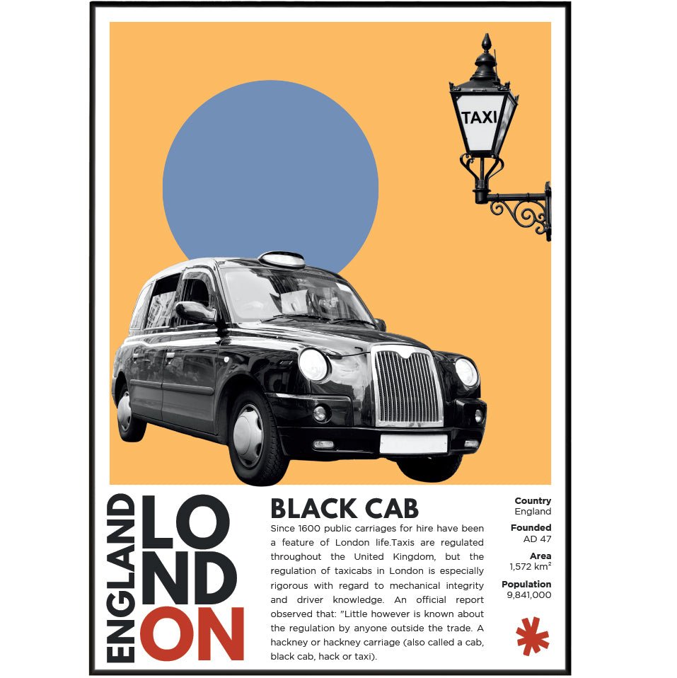 Black Cab London illustration poster — iconic London taxi TX4 transport wall art print UK
