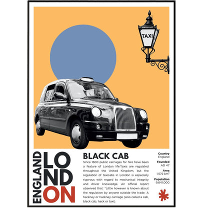 Black Cab London illustration poster — iconic London taxi TX4 transport wall art print UK
