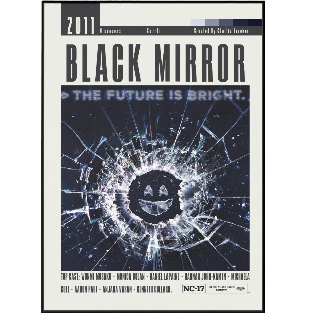 Black Mirror Charlie Brooker TV series poster — dystopian sci-fi anthology wall art print UK
