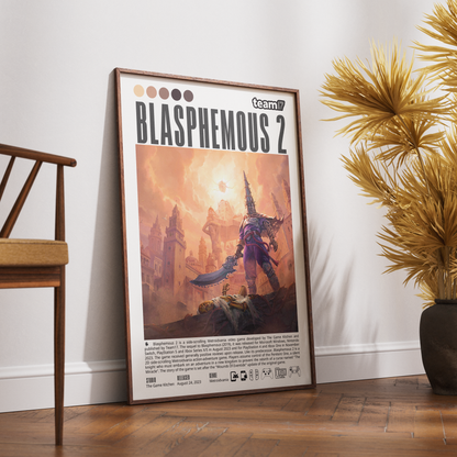 A framed poster of the video game Blasphemic 2 leaning against a white wall on a wooden floor, next to a wooden chair and a potted plant.