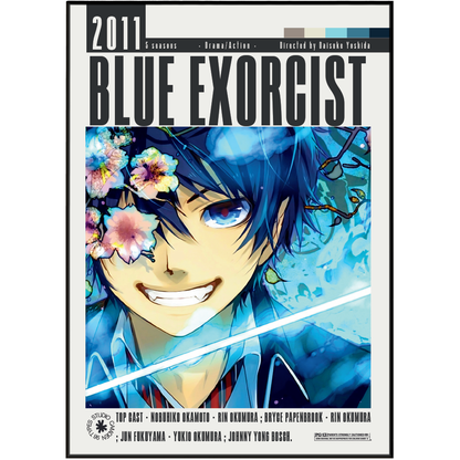 Front cover of the manga book 'Blue Exorcist' 2011 edition, featuring an anime-style illustration of a blue-haired character with flowers in his hair against a blue background.