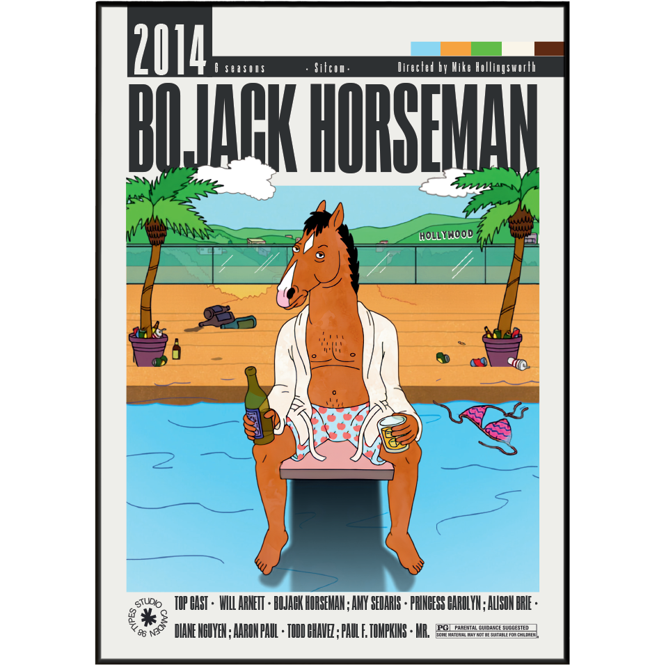 A stylized illustrated poster or cover art for BoJack Horseman, showing the horse character sitting by a pool on a bench, with palm trees, a beach, and large title text reading 'BOJACK HORSEMAN' at the top.