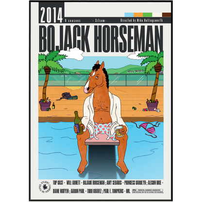 A stylized illustrated poster or cover art for BoJack Horseman, showing the horse character sitting by a pool on a bench, with palm trees, a beach, and large title text reading 'BOJACK HORSEMAN' at the top.