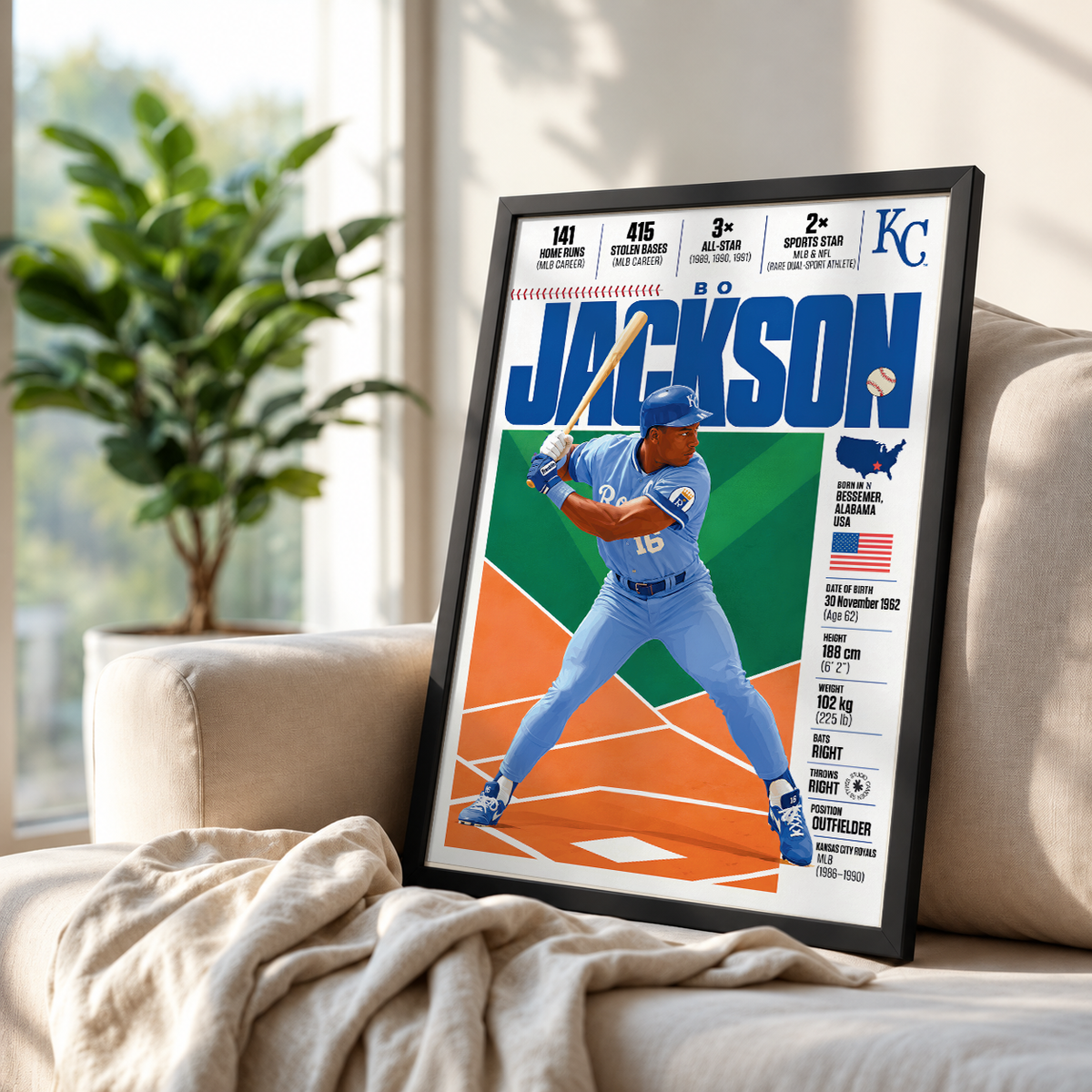 Bo Jackson poster, Kansas City Royals baseball wall art print in a games room - 98types