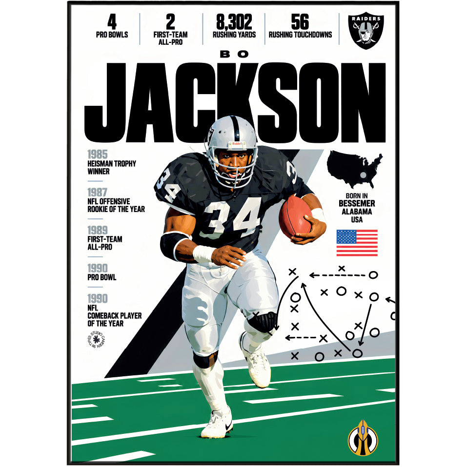 Bo Jackson poster, Los Angeles Raiders NFL wall art print in a boy's bedroom - 98types