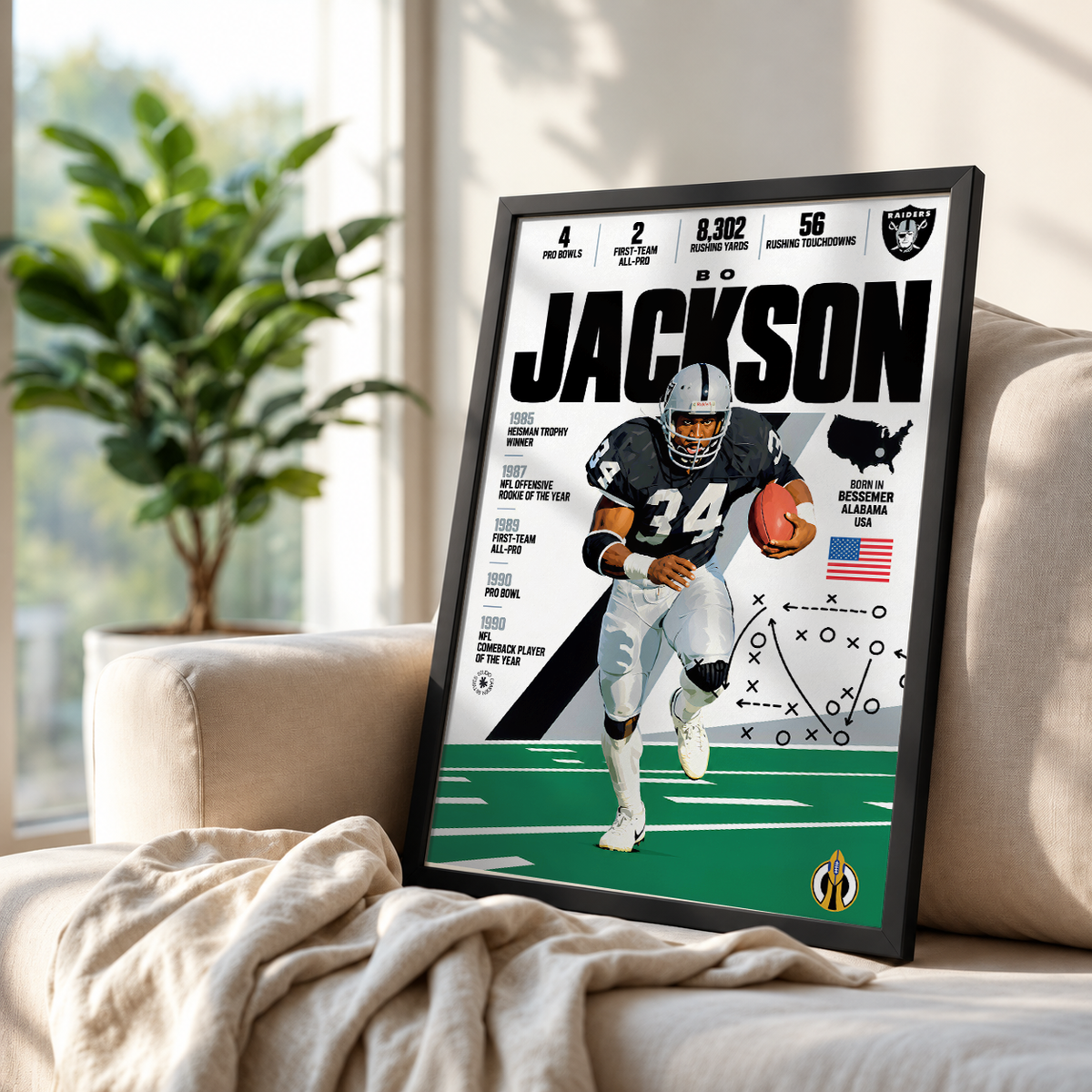 Bo Jackson poster, Los Angeles Raiders NFL wall art print in a boy's bedroom - 98types