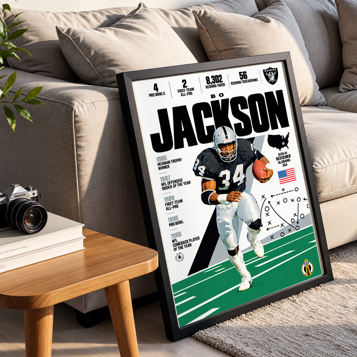Bo Jackson poster, Los Angeles Raiders NFL wall art print in a boy's bedroom - 98types