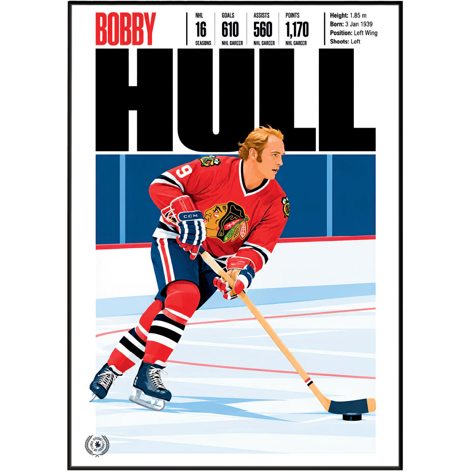 Bobby Hull poster, Chicago Blackhawks NHL ice hockey wall art print in a home office - 98types