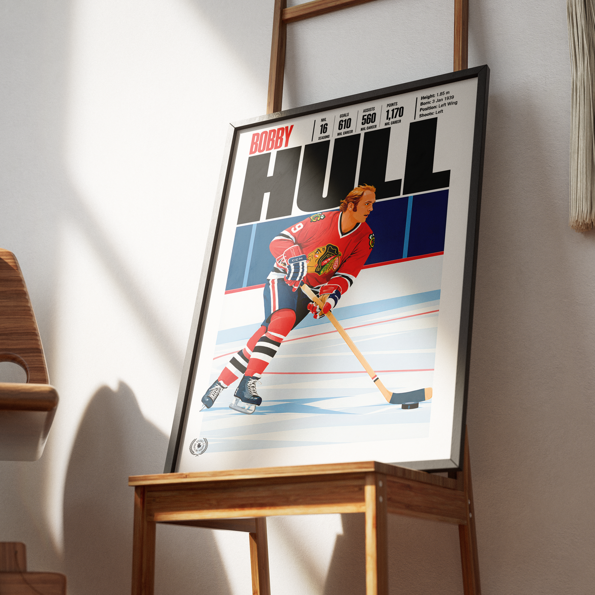 Bobby Hull poster, Chicago Blackhawks NHL ice hockey wall art print in a home office - 98types