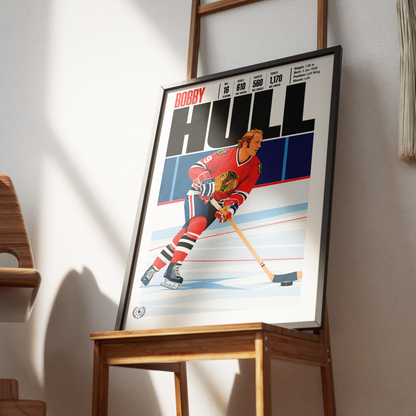 Bobby Hull poster, Chicago Blackhawks NHL ice hockey wall art print in a home office - 98types