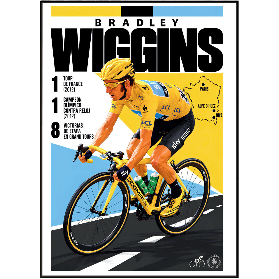 A framed cycling poster featuring Bradley Wiggins in a yellow jersey and black shorts, riding a yellow road bike. The poster includes bold black text, a small map, and the text 'BRADLEY WIGGINS' at the top, with a thin black frame around the artwork.