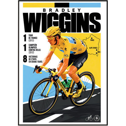 A framed cycling poster featuring Bradley Wiggins in a yellow jersey and black shorts, riding a yellow road bike. The poster includes bold black text, a small map, and the text 'BRADLEY WIGGINS' at the top, with a thin black frame around the artwork.