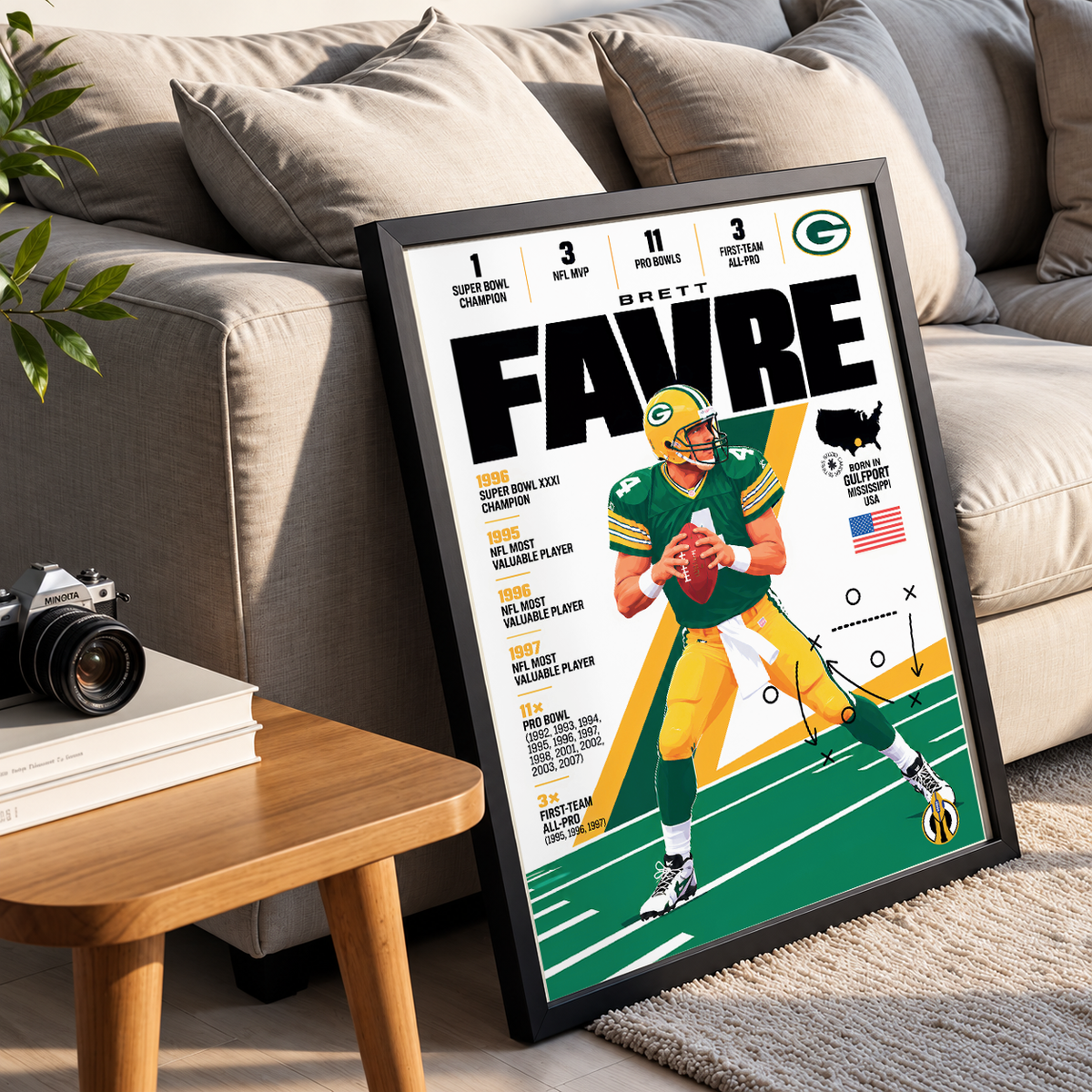 Brett Favre poster, Green Bay Packers NFL wall art print in a boy's bedroom - 98types