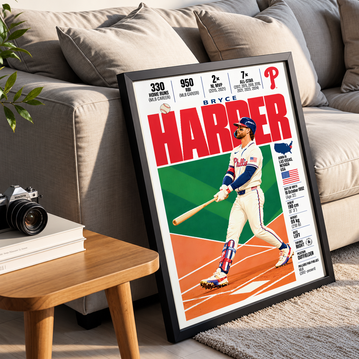 Bryce Harper poster, Philadelphia Phillies baseball wall art print in a home office - 98types