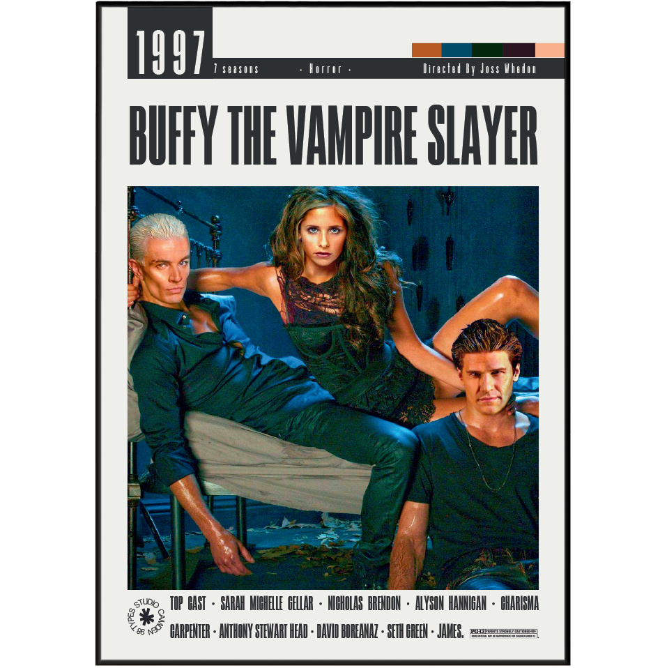 Buffy the Vampire Slayer season 1997 DVD cover featuring Sarah Michelle Gellar, Nicholas Brendon, and Ashton Warner in the center artwork, with the title 'Buffy the Vampire Slayer' and season details on a white background.