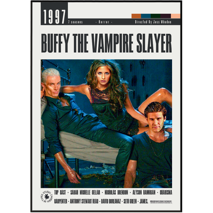 Buffy the Vampire Slayer season 1997 DVD cover featuring Sarah Michelle Gellar, Nicholas Brendon, and Ashton Warner in the center artwork, with the title 'Buffy the Vampire Slayer' and season details on a white background.