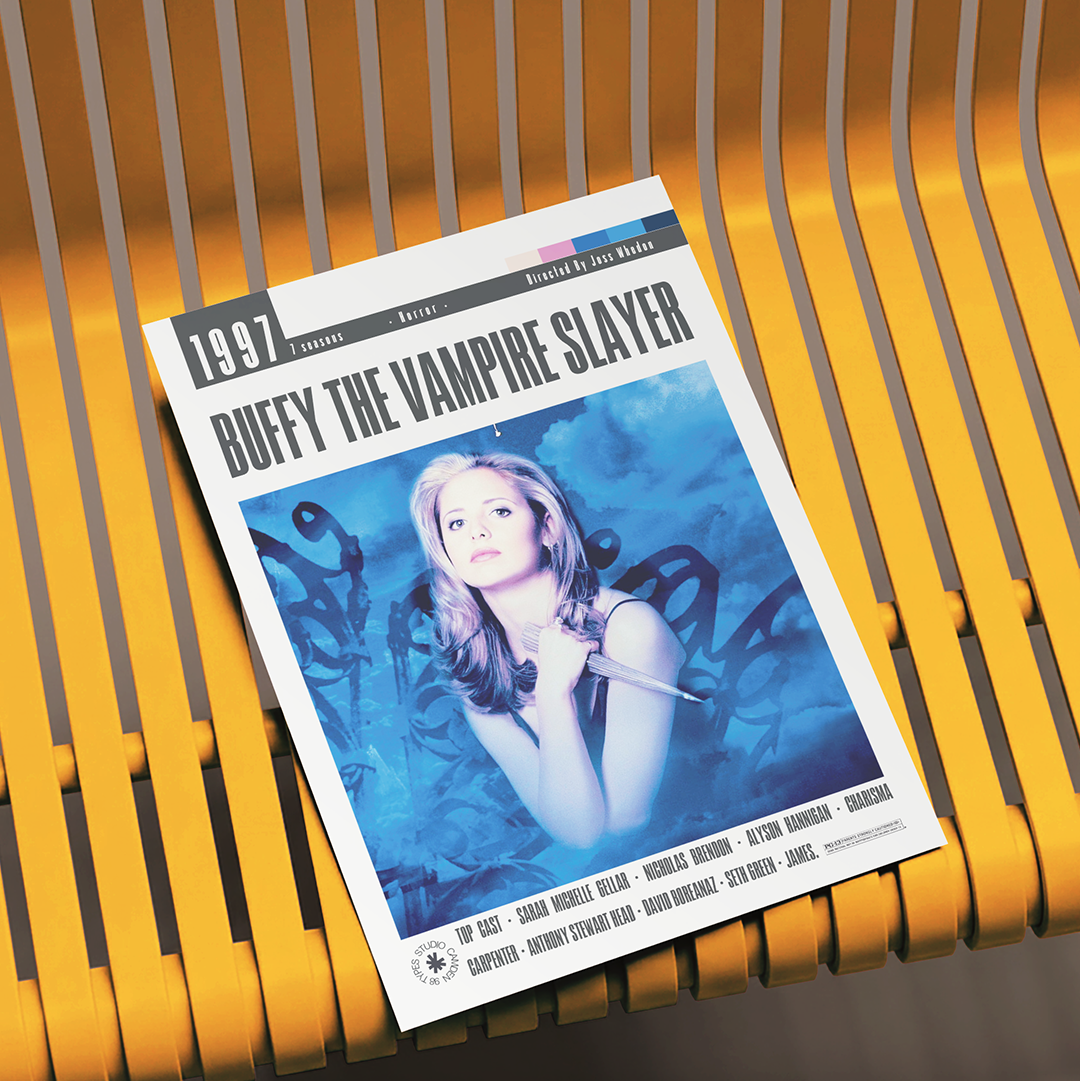 A magazine or book cover for 'Buffy the Vampire Slayer' from January 1997, featuring a blue-toned cover photo of a woman holding a knife, displayed on a yellow slatted bench.