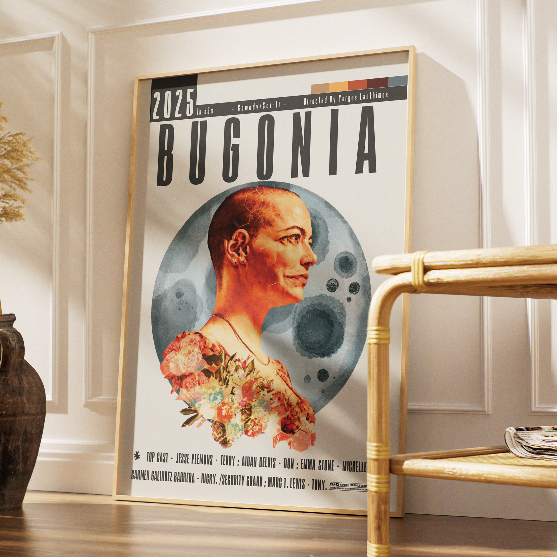 Bugonia 2025 comedy film poster — minimalist wall art print UK
